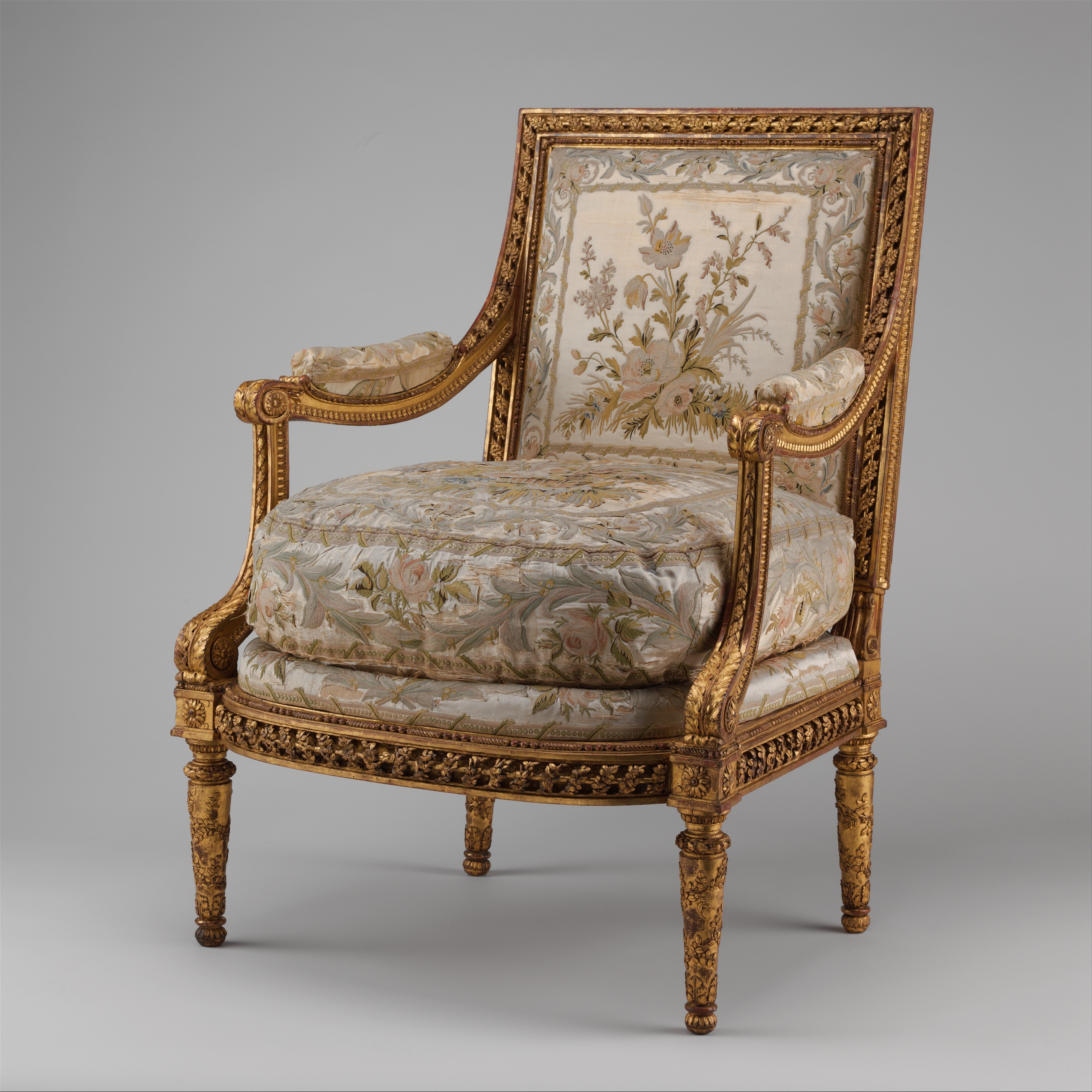 Louis XV Gilt Wood Arm Chair with Green Silk