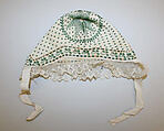 Infant's cap, cotton with machined green ribbon, glass beads, probably Greek