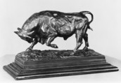 Bull on the Defensive, Antoine-Louis Barye French, Bronze, brownish green patina; wood, French