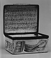 Snuffbox with music, possibly enameled by Anthony Tregent, Enamel on copper, British, possibly London, possibly Liverpool