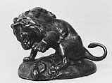 Lion About to Strike a Serpent (Lion la patte levée sur un serpent) or (Esquisse du lion des Tuileries), Antoine-Louis Barye French, Bronze, brown patina, French
