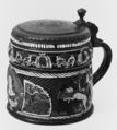 Hunting tankard, George Schöps, Salt-glazed stoneware; pewter, German, Annaberg