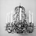 Chandelier, Brass, water-gilt (?), porcelain, possibly French