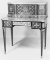 Secretary, Mahogany, tulipwood, harewood, boxwood, myrtle, holly, and ebony, on oak carcass; gilt bronze, marble, French