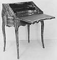 Slant-top desk, Kingwood, mahogany and various other marquetry woods; gilt bronze, leather, French