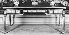 Table, Jean-François Leleu (1729–1807, master 1764), Tulipwood, Sèvres porcelain, gilt bronze, leather, silk moiré, French, Paris and Sèvres