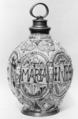Bottle, Lorenz Speckner, Tin-glazed earthenware; pewter mounts, German, Kreussen