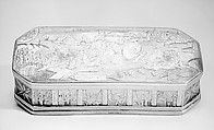 Tobacco box with scenes from life of Jonah, Brass, copper, silver, Dutch