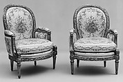 Armchair (Bergère) (one of a pair) (part of a set), Louis Delanois (French, 1731–1792), Carved and gilded mahogany, modern silk damask, French, Paris