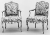 Pair of armchairs, Probably by Jean-Baptiste II Tilliard (French, 1723–1798, master 1752), Carved and painted fruitwood; floral needlepoint upholstery, French, Paris