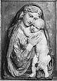 Madonna and Child, School of Donatello (Italian, Florence ca. 1386–1466 Florence), Figures: terracotta, polychromed and gilded; later background: wood, painted to represent brocade; frame: carved and painted, mouldings gilt, Italian
