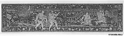 The Expulsion and Adam and Eve after the Fall (one of a set of three), Canvas worked with wool, silk, and metal thread; chain, split, tent, and straight stitches; applique of woven silk textiles; metal thread braid, Scottish or English