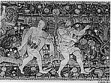 The Expulsion and Adam and Eve after the Fall (one of a set of three), Canvas worked with wool, silk, and metal thread; chain, split, tent, and straight stitches; applique of woven silk textiles; metal thread braid, Scottish or English