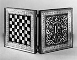 Chess and tric-trac board, Copper-gilt, walnut, ivory, mother-of-pearl, serpentine, rosso antico marble, Spanish, Castile