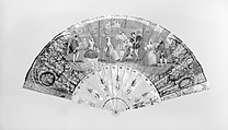 Fan, Paper, paint, gilt, mother-of-pearl, gold and silver foil, turquoise beads, French