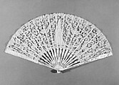 Fan, Needle lace, Brussels needle lace, Point de Gaze, linen, mother-of-pearl, ivory, metal, French