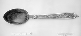 Spoon with carved ibex decoration, Horn (probably ibex [steinbock]), pearl and gilt-brass, Southern German