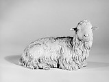Seated sheep, Possibly by Nicola Vassalo, Polychromed terracotta body, wooden ears, Italian, Naples
