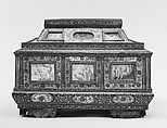 Casket (cofanetto or scrigno), Beechwood, ebony, painted and decorated with incrustation of mother-of-pearl, ivory with gilding; miniatures: gouache on parchment; lined with later fabric, Italian, Venice