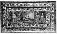 Casket (cofanetto or scrigno), Beechwood, ebony, painted and decorated with incrustation of mother-of-pearl, ivory with gilding; miniatures: gouache on parchment; lined with later fabric, Italian, Venice