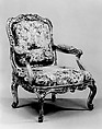 Armchair (fauteuil à la reine) (part of a set), Frame by Nicolas-Quinibert Foliot (1706–1776, warden 1750/52), Carved and gilded beech; wool and silk tapestry, French, Paris