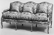 Sofa, Carved and gilded walnut; upholstered in modern red/beige damask, French