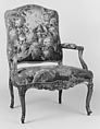 Armchair (one of a set of four), Aubusson, Carved walnut, covered in Aubusson tapestry, French