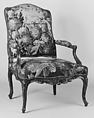 Armchair (one of a set of four), Aubusson, Carved walnut, covered in Aubusson tapestry, French
