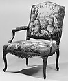 Armchair (one of a set of four), Tapestry woven at Aubusson (Manufacture Royale, est. 1665: Manufacture, ca. 1812–present day), Carved walnut, covered in Aubusson tapestry, French