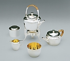 Traveling tea set, Christopher Dresser (British, Glasgow, Scotland 1834–1904 Mulhouse), Gilt and silver-plated brass; split bamboo; leather covered wood with velvet on the underside and glazed cotton linings, British, Birmingham