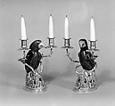 Pair of parrots mounted as two-branch candelabra, Gilt bronze, porcelain, French