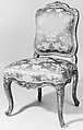 Set of four side chairs, Jean-Baptiste Gourdin (French, 1723–1781), Carved, gilded and painted walnut, blue-green damask upholstery, French, Paris