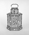Hexagonal canister (Schraubflasche), Jonas Laminit (master ca. 1650, died 1690), Silver gilt, enamel, German, Augsburg