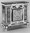 Low cabinet (meuble à hauteur d'appui) (one of a pair), after a design by André Charles Boulle (French, Paris 1642–1732 Paris), Oak and pine veneered with ebony and marquetry of tortoiseshell, brass, and pewter; gilt bronze; Porto marble, French
