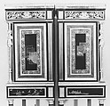 Drop-front secretary on stand (Secrètaire à abattant or secrétaire en cabinet) (one of a pair) (part of a set), Adam Weisweiler (French, 1744–1820), Oak veneered with ebony, amaranth, holly, ebonized holly, satinwood, Japanese and French lacquer panels, gilt-bronze mounts, brocatelle marble top (not original); steel springs; morocco leather (not original), French, Paris