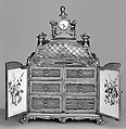 Jewel cabinet with watch, James Cox (British, ca. 1723–1800), Case: agate, mounted in gilded copper and gilded brass and set with painted enamel on copper plaques, and fruitwood; Dial: white enamel, British, London