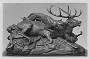 Ten-Point Stag Brought Down by Two Scotch Hounds, Antoine-Louis Barye French, Bronze, wood base, French