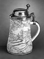 Tankard, Tin-glazed earthenware; pewter, German, Hanau