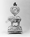 Miniature clock in the form of an elephant supporting a watch case, Agate, heliotrope, gold and diamonds, possibly German, Dresden