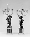 Pedestals with five-light candelabra, Patinated bronze, gilt bronze, red griotte marble, steel, French