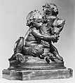 Infant and satyr child with a panther, Louis Félix de La Rue  French, Terracotta (lacquered brown); base: gilt bronze and grey marble, French, Paris