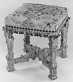 Four-legged stool, Carved and gilded walnut, covered in mid-18th century French tapestry with modern silk tasseled fringe, French