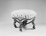 Four-legged stool, Style of A. M. E. Fournier (French, active after 1850), Carved and gilded wood, silver-colored damask, brass casters, French