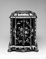 Small work and jewelry cabinet, Black lacquered, gilded and painted, papier-mâché, mother-of-pearl, silk velvet, and paper linings, British