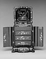 Small work and jewelry cabinet, Black lacquered, gilded and painted, papier-mâché, mother-of-pearl, silk velvet, and paper linings, British