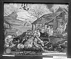 Bucolic scene in winter with pack donkey (one of a pair), Glass, Italian
