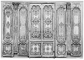 Double door: four panels, two pilasters, three gilt moldings for the door frame, Carved, painted and gilded oak, French