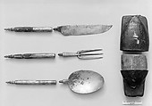Knife, fork, and spoon in traveling case, Steel (?), tortoiseshell; leather case, Spanish