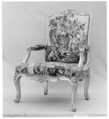 Pair of armchairs, Carved and gilded walnut; red damask upholstery, French