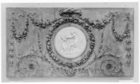 Panel (Dessus de porte), Oak, wax-polished; medallion painted white on blue, French